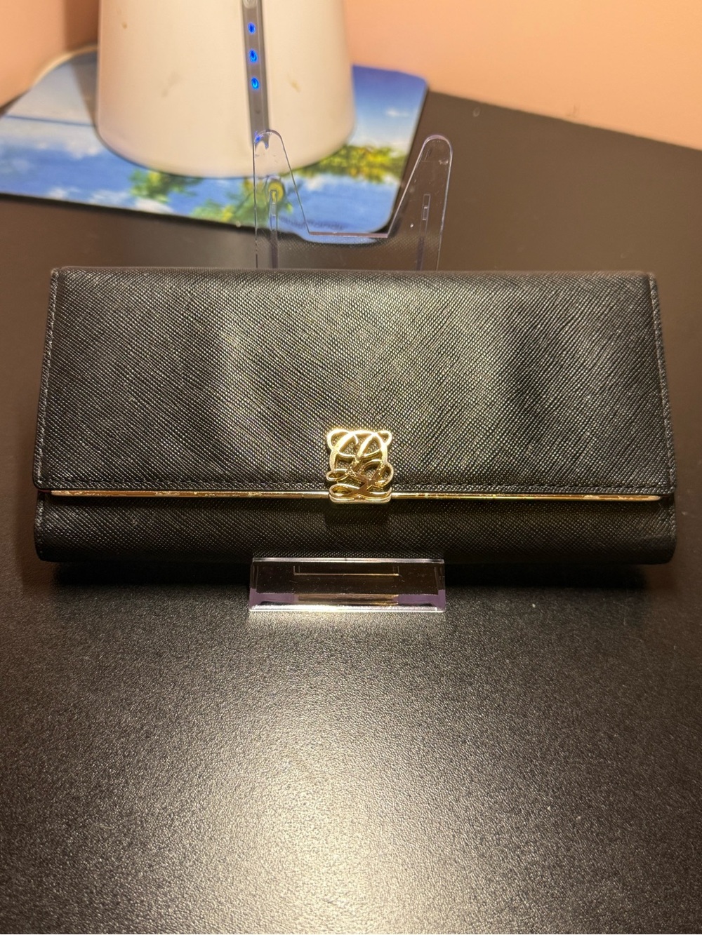 Louise Quatorze Black Saffiano Leather Continental Wallet with Gold Logo